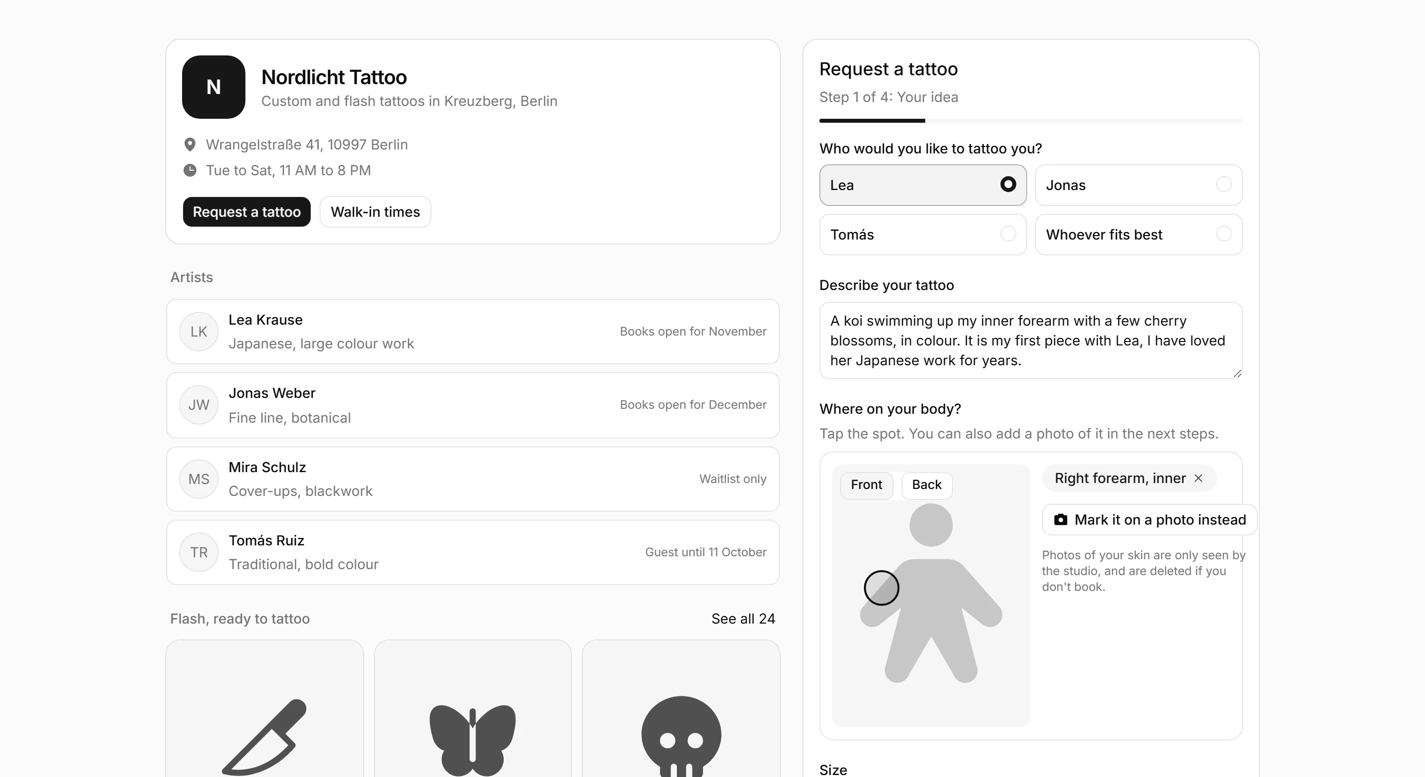 A studio's public booking page