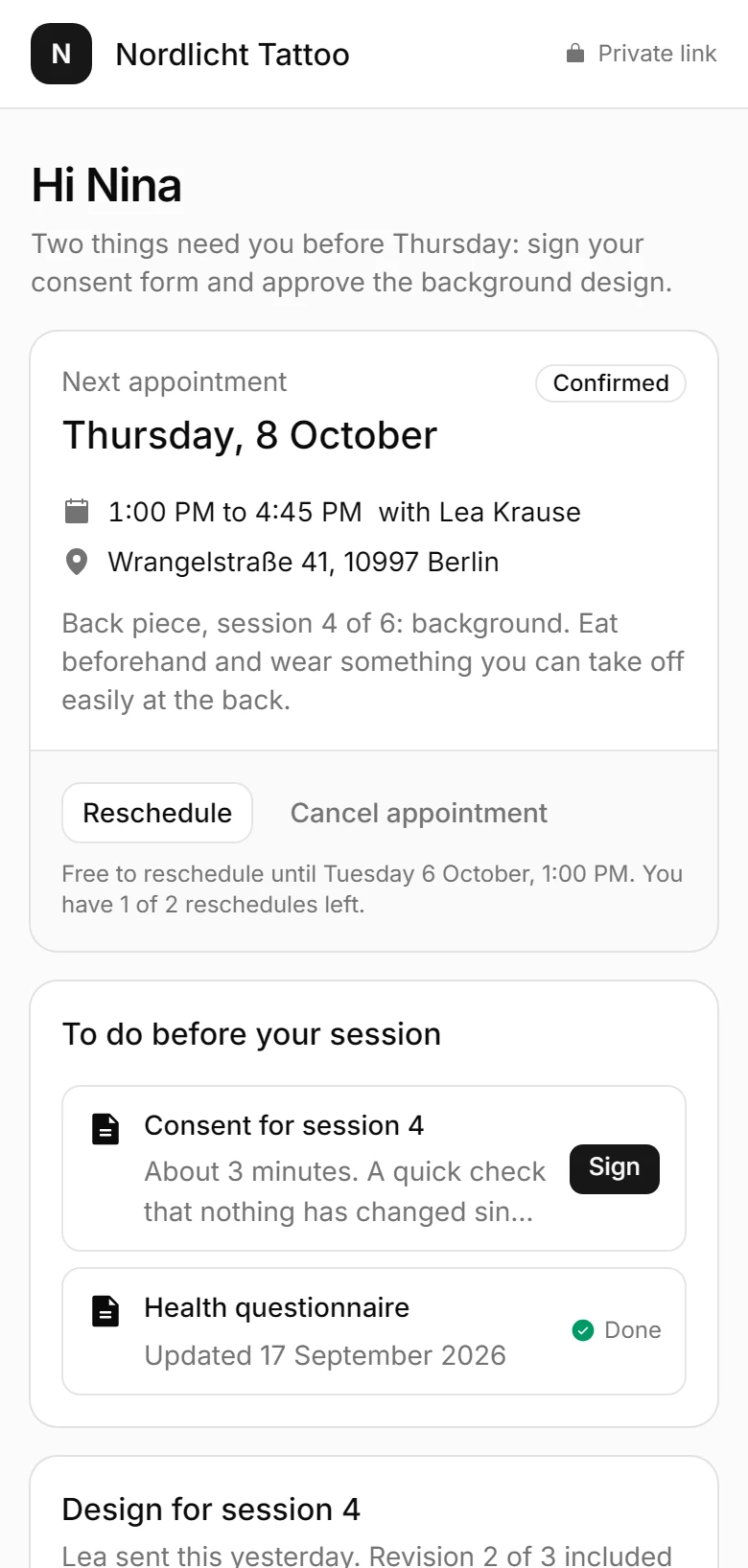 A client's private page with their next appointment