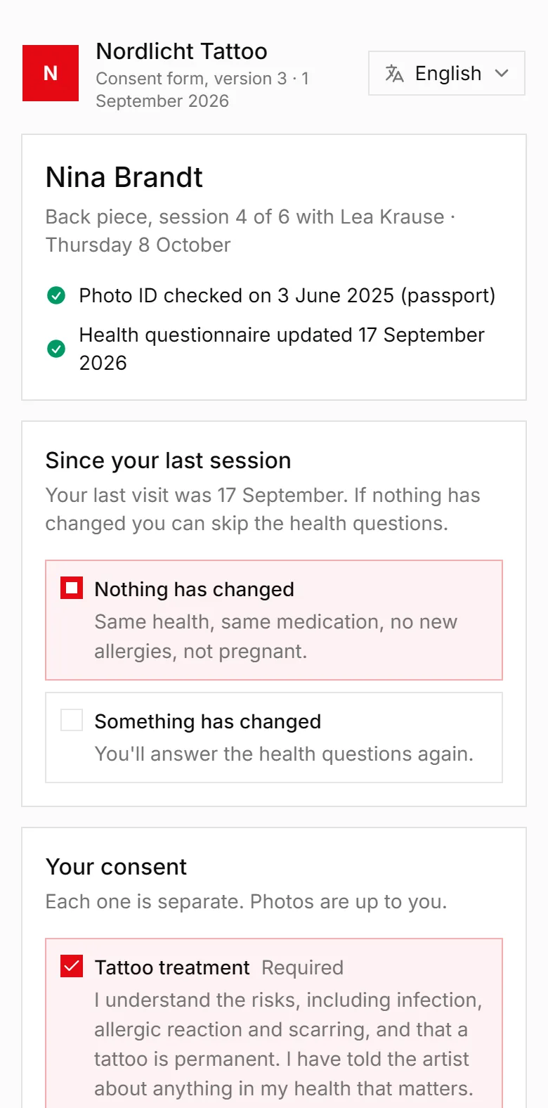 A consent form on a phone, with the client's ID already checked