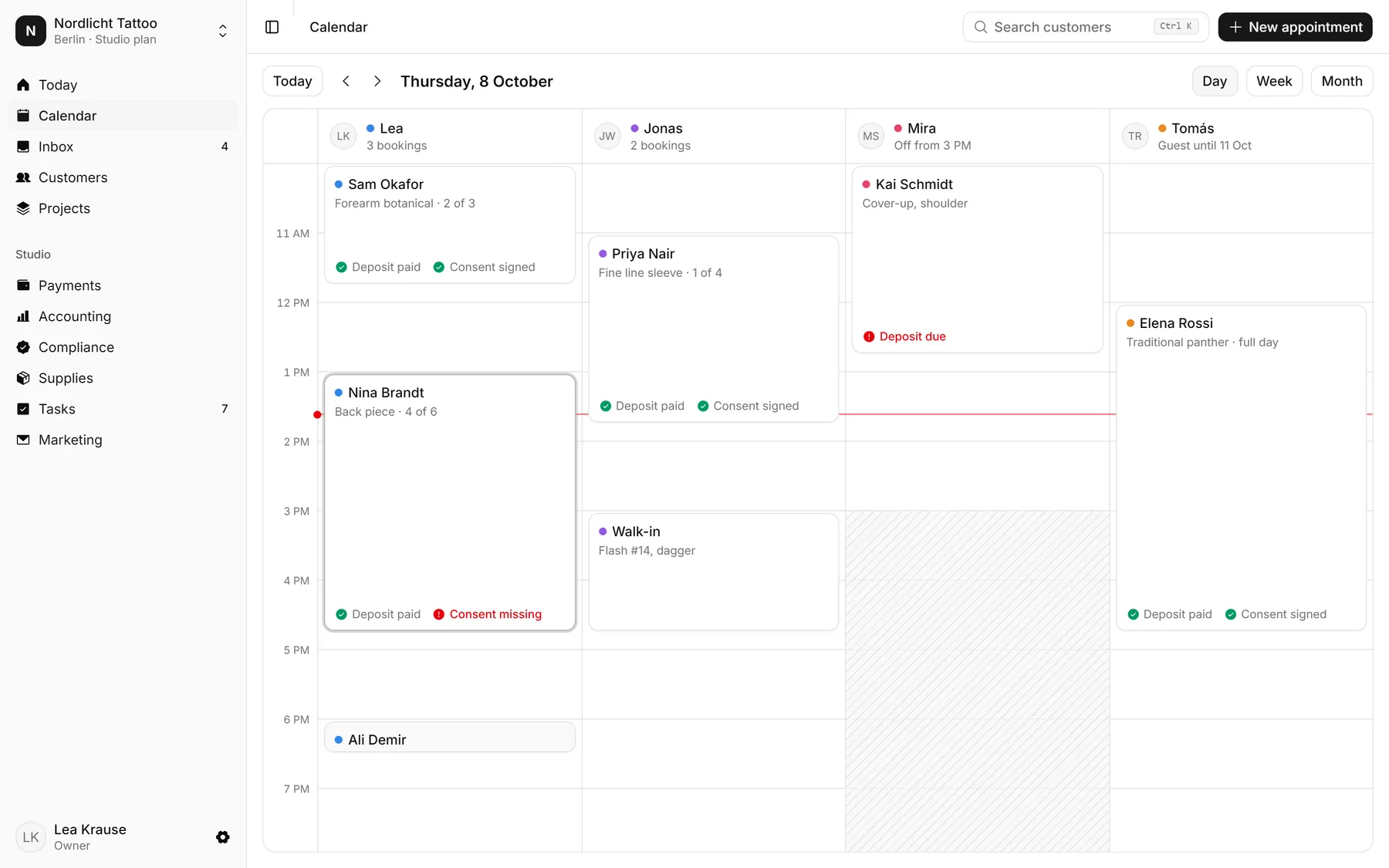 The Inkeva calendar showing a day of appointments