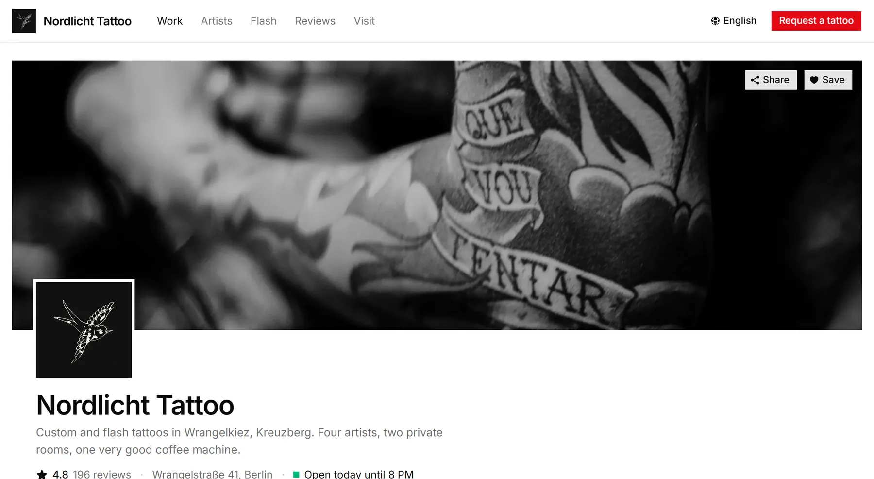 A studio's booking page with its cover photo, name, rating and opening hours